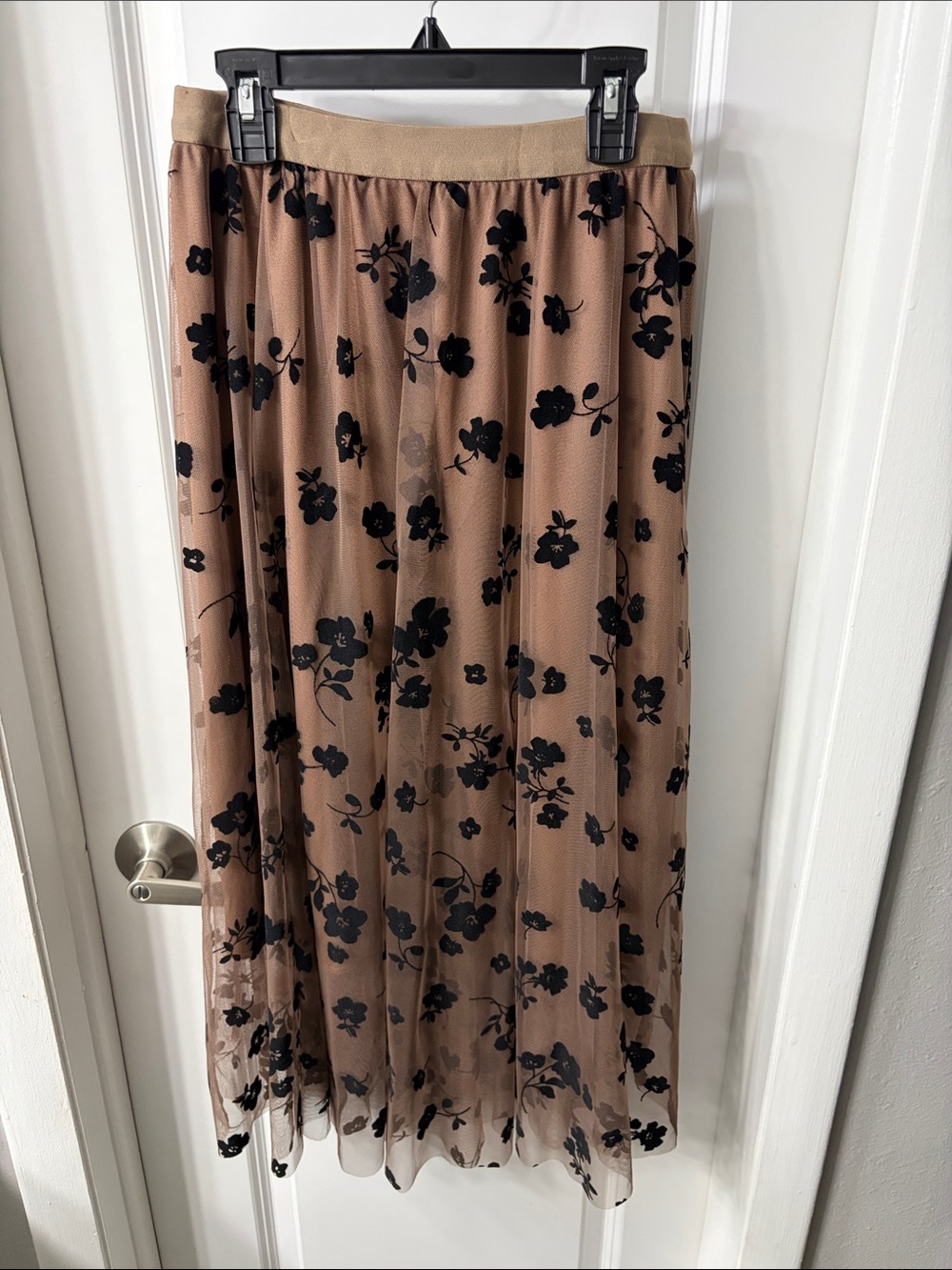 Women’s Floral Mesh Maxi Skirt in Tan and Black